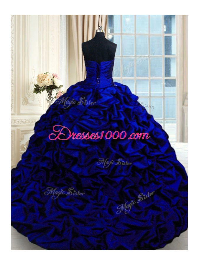 Classical Taffeta Sweetheart Sleeveless Brush Train Lace Up Beading and Appliques and Pick Ups Sweet 16 Dress in Royal Blue