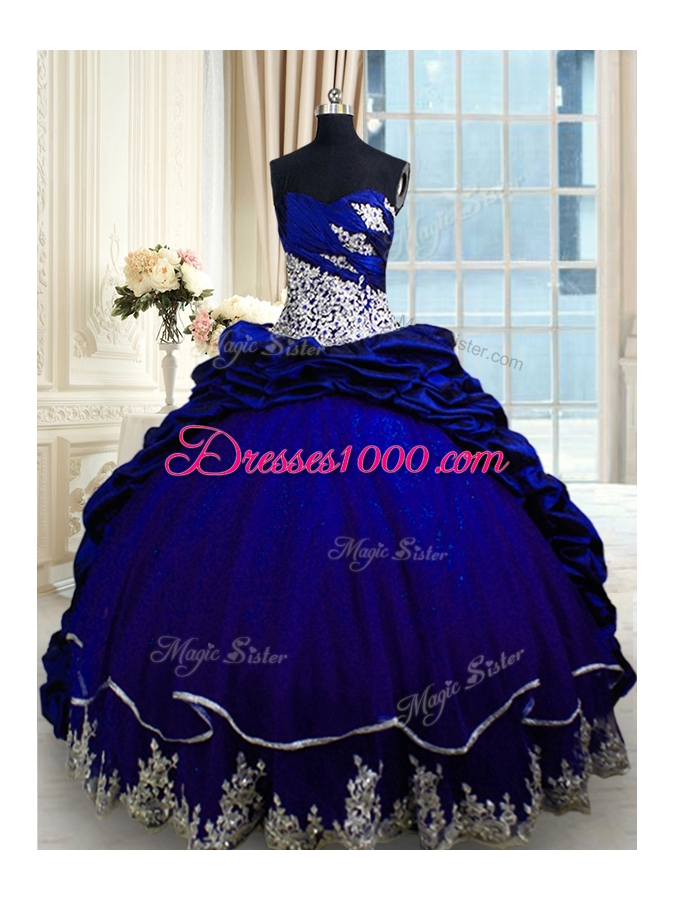 Classical Taffeta Sweetheart Sleeveless Brush Train Lace Up Beading and Appliques and Pick Ups Sweet 16 Dress in Royal Blue