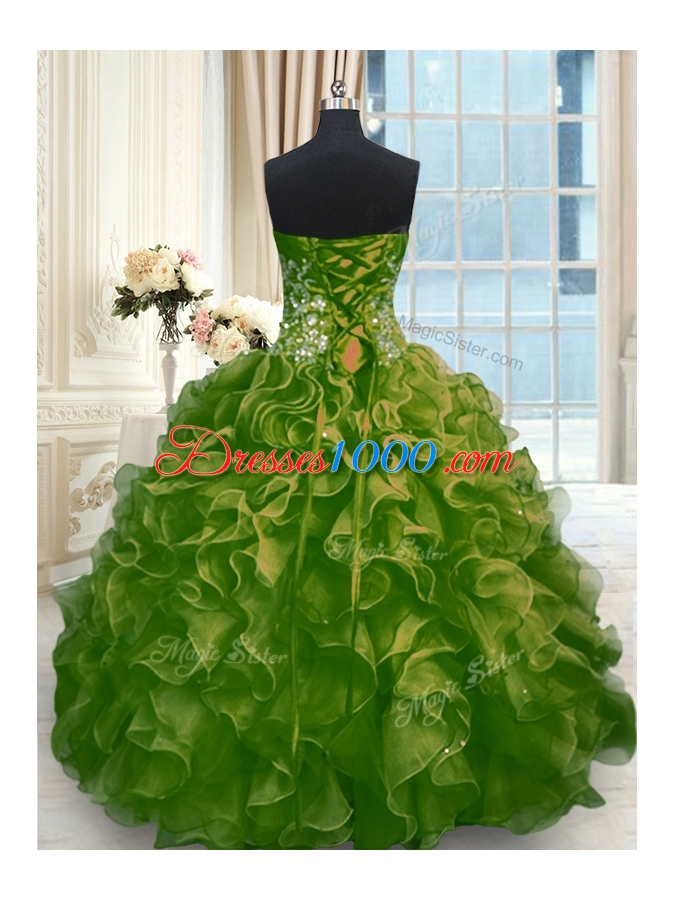 Comfortable Sleeveless Organza Floor Length Lace Up Quinceanera Dresses in Olive Green for with Beading and Ruffles
