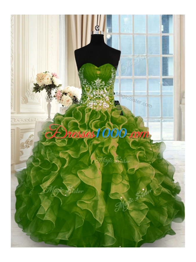 Comfortable Sleeveless Organza Floor Length Lace Up Quinceanera Dresses in Olive Green for with Beading and Ruffles
