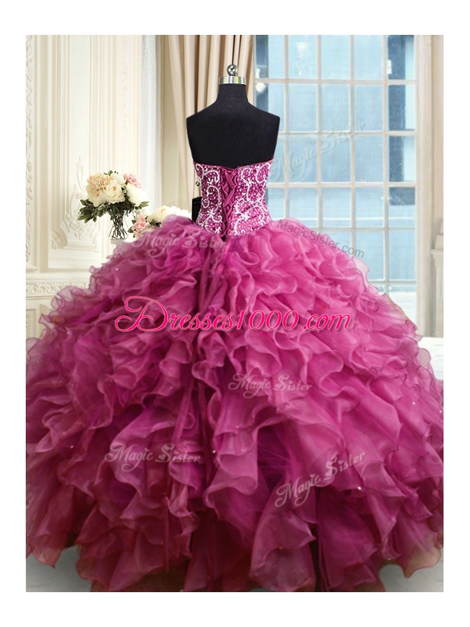 Customized Sleeveless Organza Floor Length Lace Up Quince Ball Gowns in Fuchsia for with Beading and Ruffles