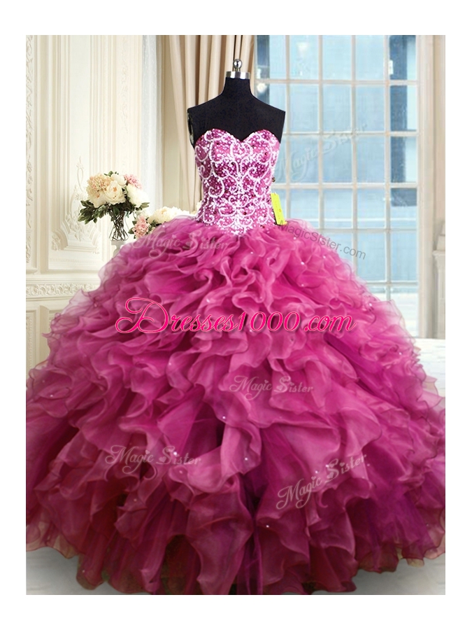 Customized Sleeveless Organza Floor Length Lace Up Quince Ball Gowns in Fuchsia for with Beading and Ruffles