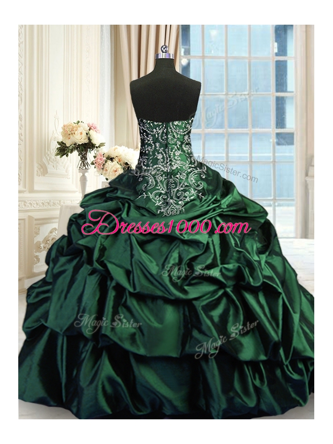Dark Green Taffeta Zipper Sweetheart Sleeveless Floor Length Quinceanera Dress Beading and Embroidery and Pick Ups