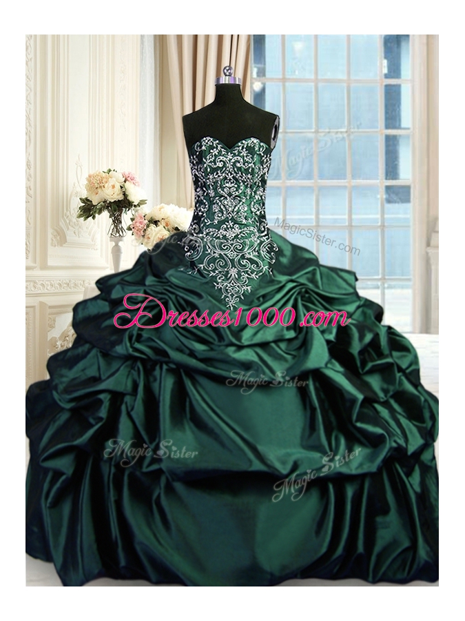 Dark Green Taffeta Zipper Sweetheart Sleeveless Floor Length Quinceanera Dress Beading and Embroidery and Pick Ups