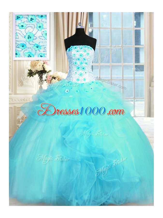 Decent Tulle Strapless Sleeveless Lace Up Pick Ups and Hand Made Flower Vestidos de Quinceanera in Aqua Blue