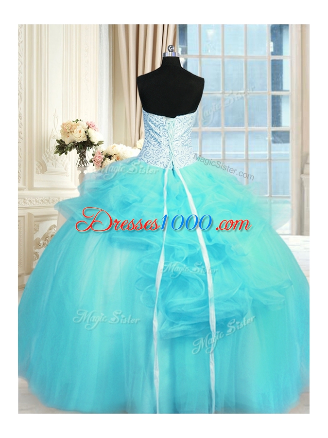 Decent Tulle Strapless Sleeveless Lace Up Pick Ups and Hand Made Flower Vestidos de Quinceanera in Aqua Blue
