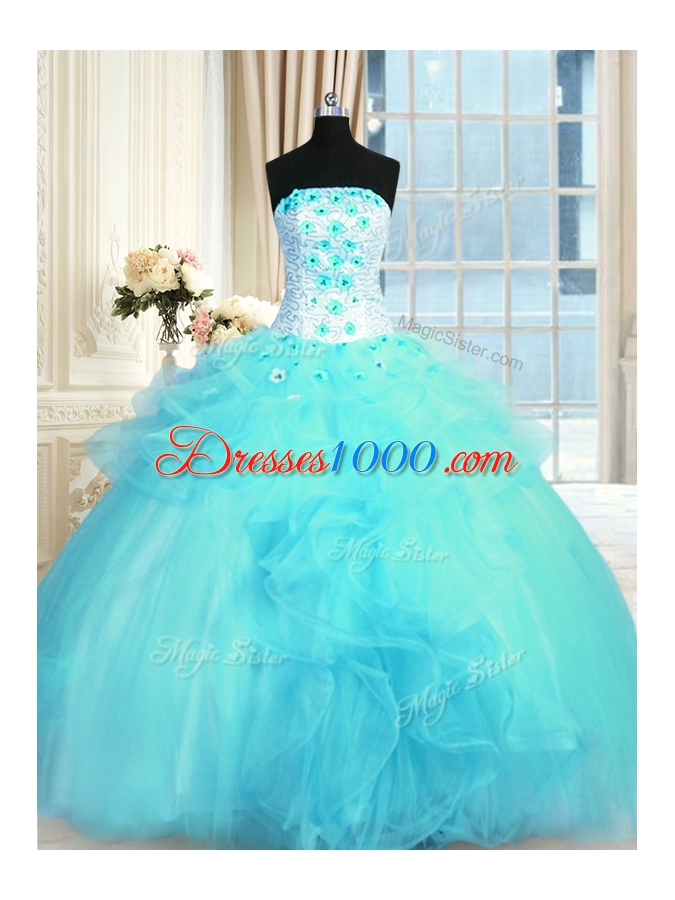 Decent Tulle Strapless Sleeveless Lace Up Pick Ups and Hand Made Flower Vestidos de Quinceanera in Aqua Blue
