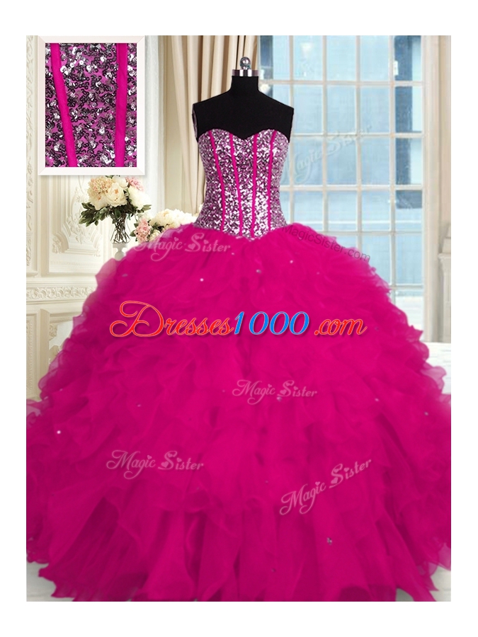 Edgy Fuchsia Organza Lace Up Quinceanera Dresses Sleeveless Floor Length Beading and Ruffles