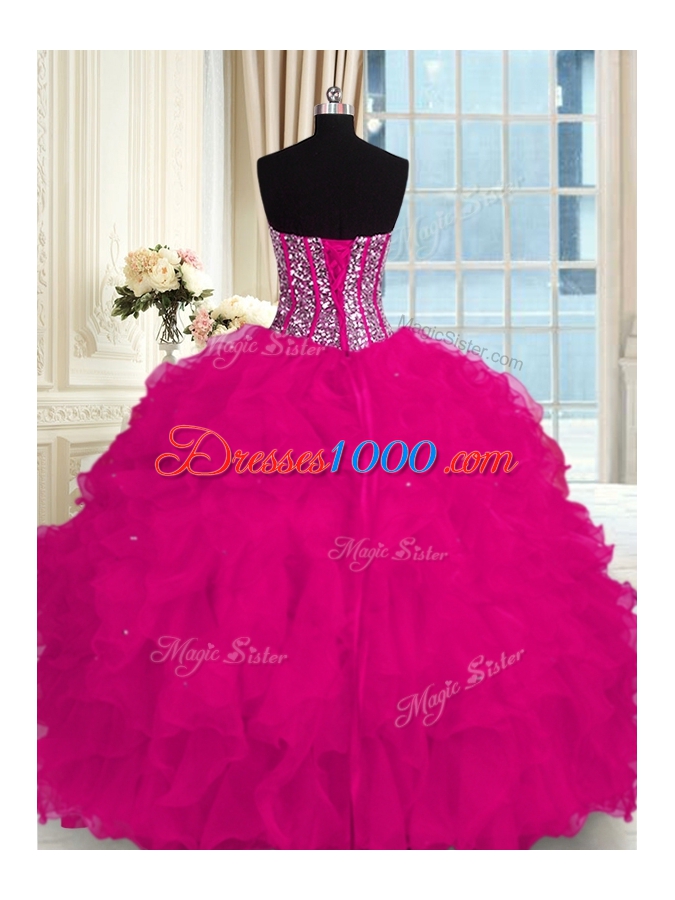 Edgy Fuchsia Organza Lace Up Quinceanera Dresses Sleeveless Floor Length Beading and Ruffles