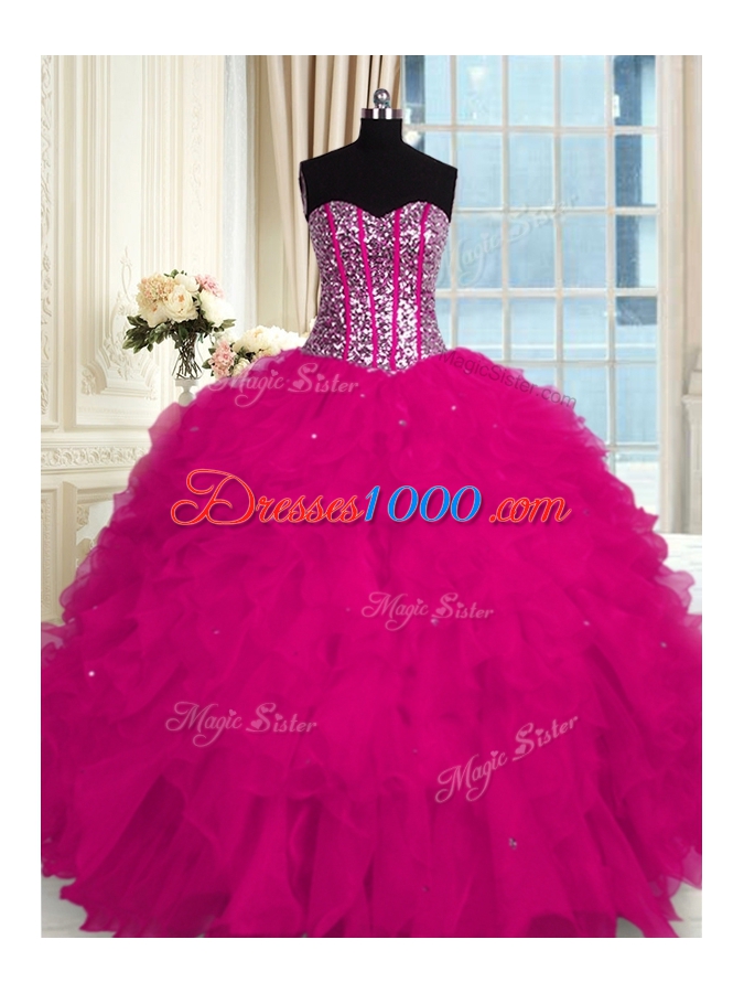 Edgy Fuchsia Organza Lace Up Quinceanera Dresses Sleeveless Floor Length Beading and Ruffles