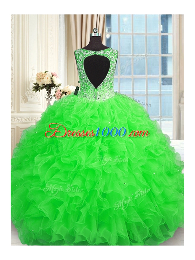 Elegant Green Zipper Quinceanera Dress Beading and Ruffles Sleeveless Floor Length