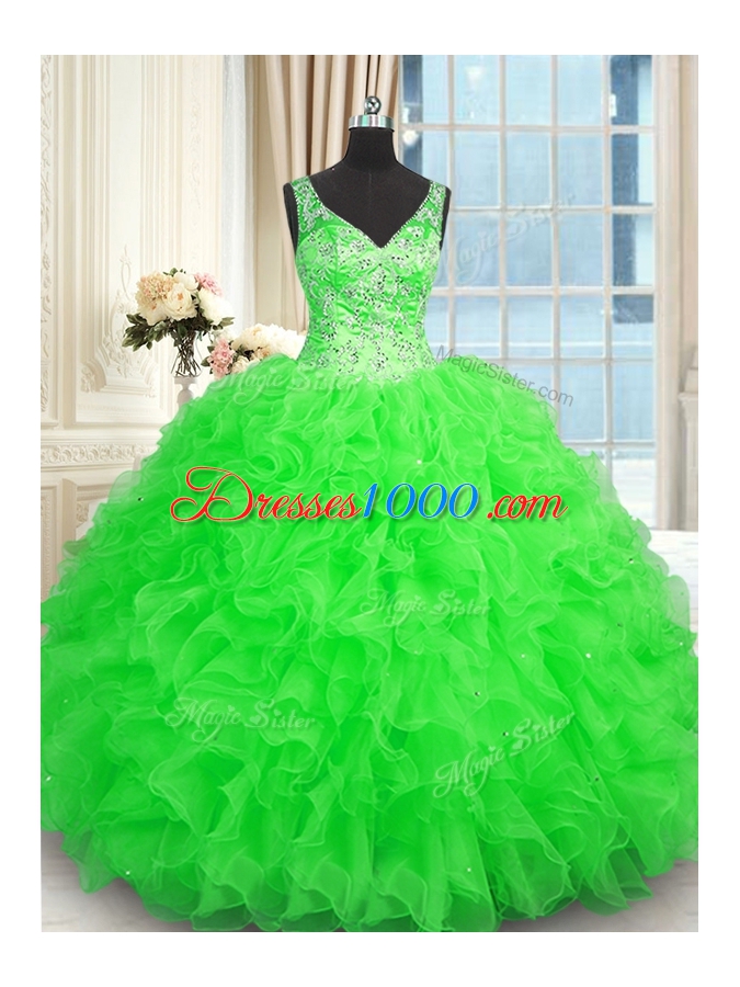 Elegant Green Zipper Quinceanera Dress Beading and Ruffles Sleeveless Floor Length