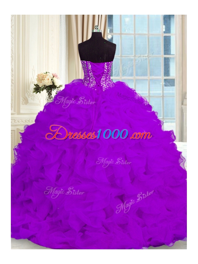 Elegant Sleeveless Organza With Brush Train Lace Up 15th Birthday Dress in Eggplant Purple for with Beading and Ruffles