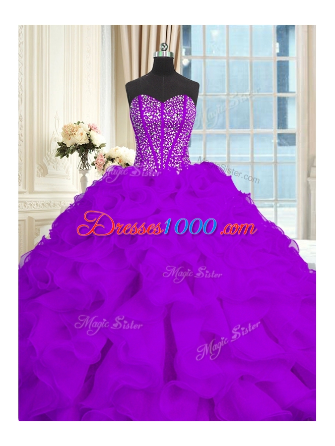 Elegant Sleeveless Organza With Brush Train Lace Up 15th Birthday Dress in Eggplant Purple for with Beading and Ruffles