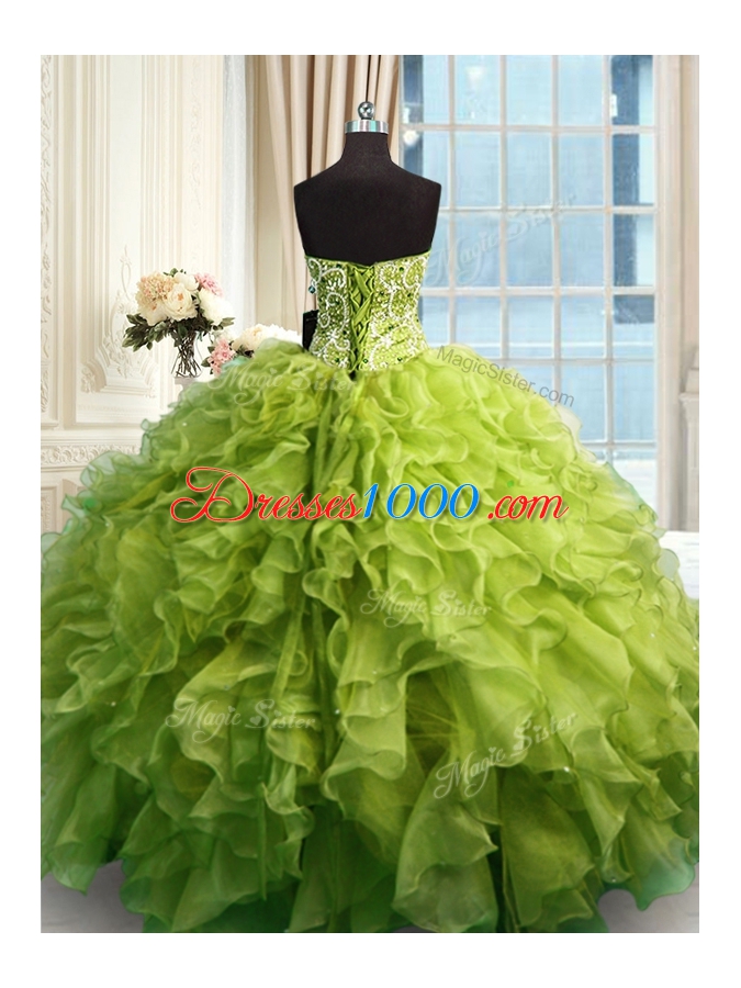 Excellent Olive Green Ball Gowns Organza Sweetheart Sleeveless Beading and Ruffles Floor Length Lace Up Sweet 16 Dress