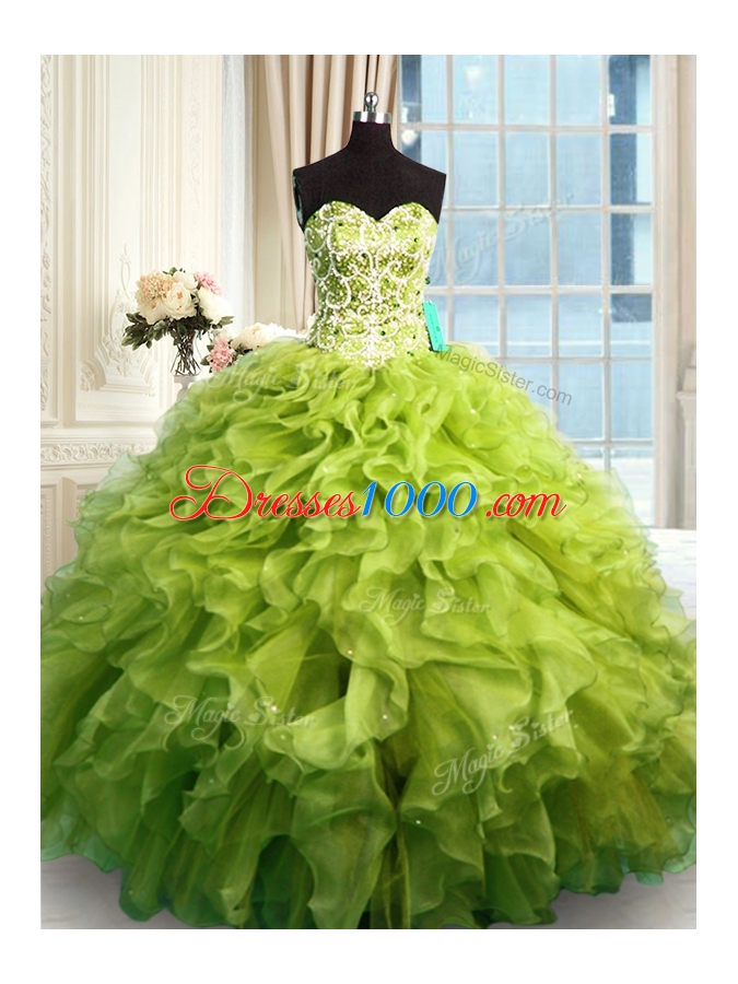 Excellent Olive Green Ball Gowns Organza Sweetheart Sleeveless Beading and Ruffles Floor Length Lace Up Sweet 16 Dress