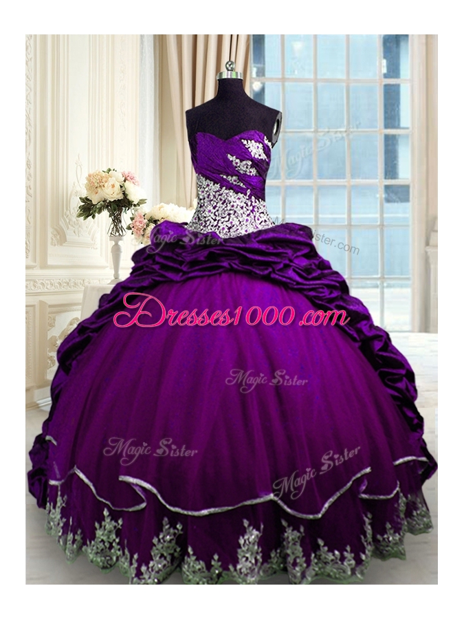 Fine Beading and Appliques and Pick Ups Sweet 16 Dress Purple Lace Up Sleeveless With Brush Train