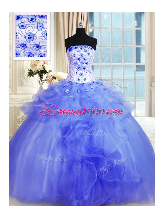 Flirting Floor Length Blue Sweet 16 Dresses Tulle Sleeveless Pick Ups and Hand Made Flower