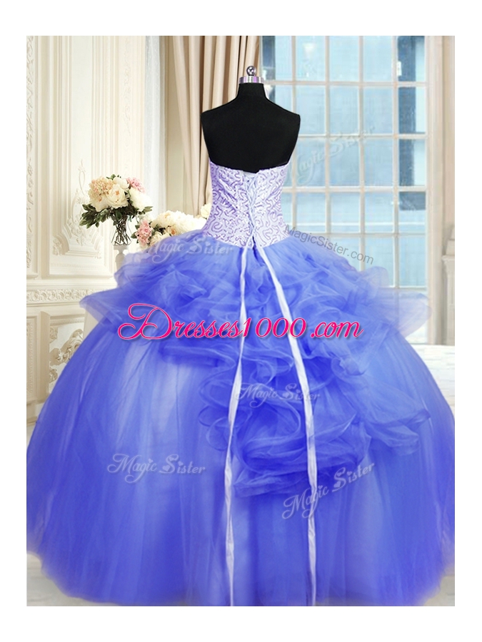 Flirting Floor Length Blue Sweet 16 Dresses Tulle Sleeveless Pick Ups and Hand Made Flower