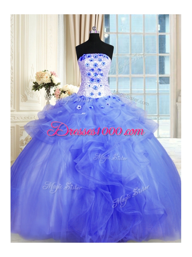 Flirting Floor Length Blue Sweet 16 Dresses Tulle Sleeveless Pick Ups and Hand Made Flower