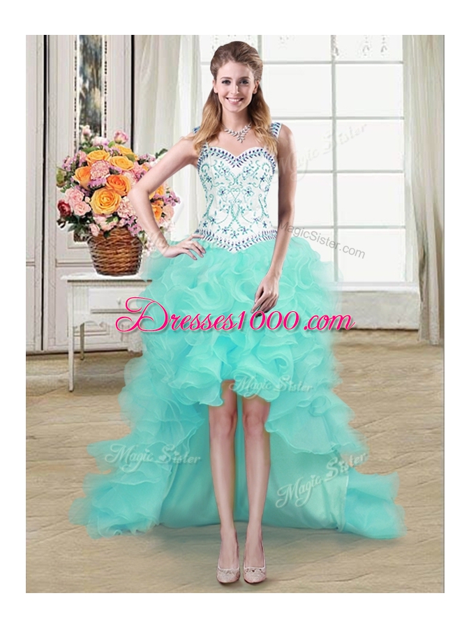 Four Piece Straps Straps Floor Length Lace Up 15th Birthday Dress Aqua Blue and In for Military Ball and Sweet 16 and Quinceanera with Beading and Lace and Ruffles