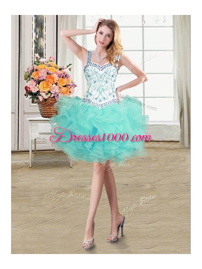 Four Piece Straps Straps Floor Length Lace Up 15th Birthday Dress Aqua Blue and In for Military Ball and Sweet 16 and Quinceanera with Beading and Lace and Ruffles