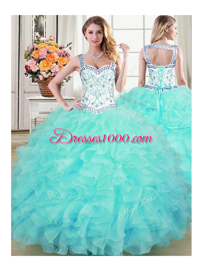 Four Piece Straps Straps Floor Length Lace Up 15th Birthday Dress Aqua Blue and In for Military Ball and Sweet 16 and Quinceanera with Beading and Lace and Ruffles