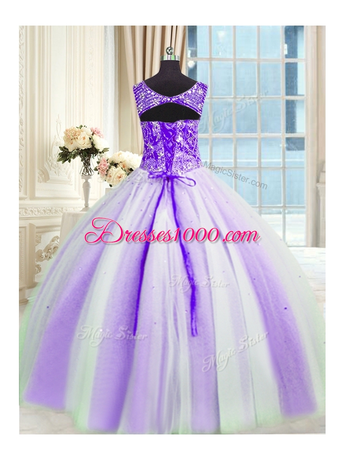 Graceful White And Purple Tulle Lace Up Quinceanera Gowns Sleeveless Floor Length Beading and Sequins