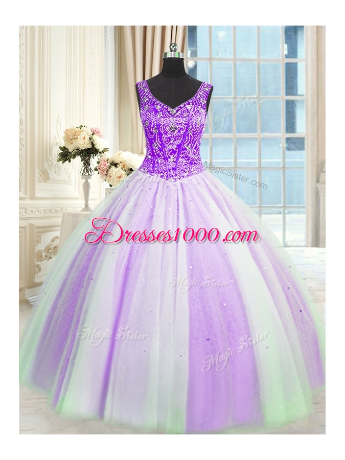 Graceful White And Purple Tulle Lace Up Quinceanera Gowns Sleeveless Floor Length Beading and Sequins