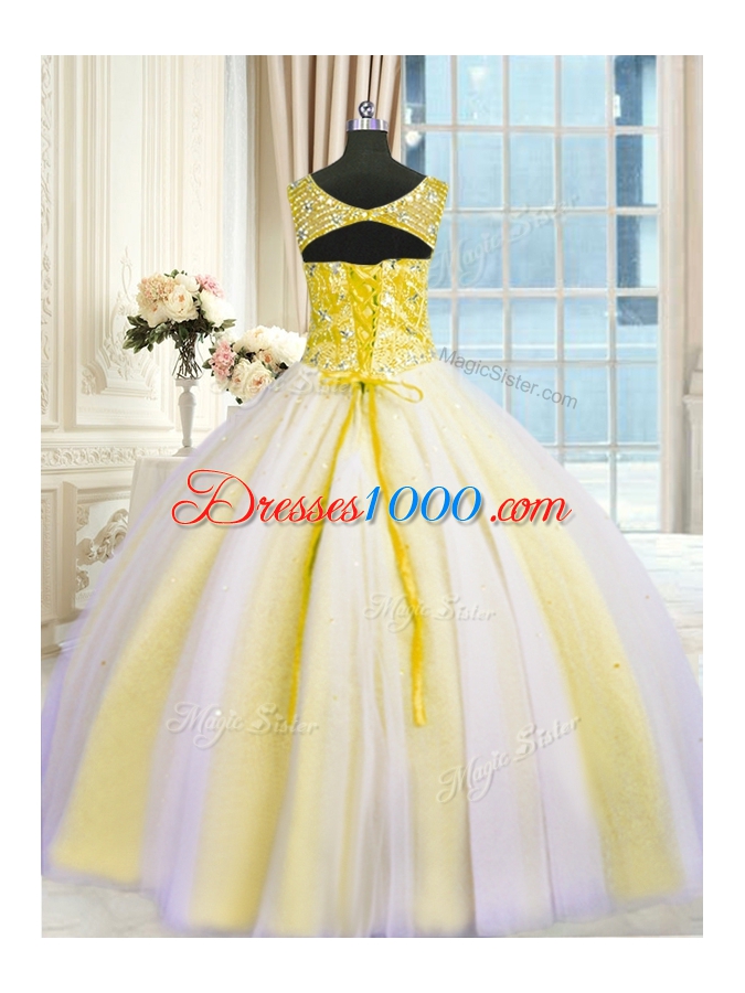 Multi-color Ball Gowns V-neck Sleeveless Tulle Floor Length Lace Up Beading and Sequins 15th Birthday Dress