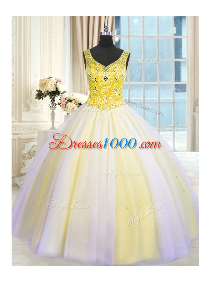 Multi-color Ball Gowns V-neck Sleeveless Tulle Floor Length Lace Up Beading and Sequins 15th Birthday Dress