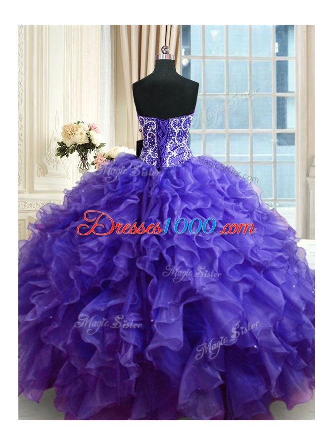 Noble Purple Sleeveless Organza Lace Up Vestidos de Quinceanera for Military Ball and Sweet 16 and Quinceanera