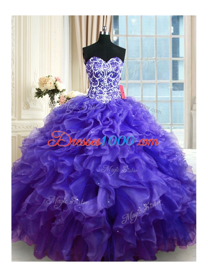 Noble Purple Sleeveless Organza Lace Up Vestidos de Quinceanera for Military Ball and Sweet 16 and Quinceanera