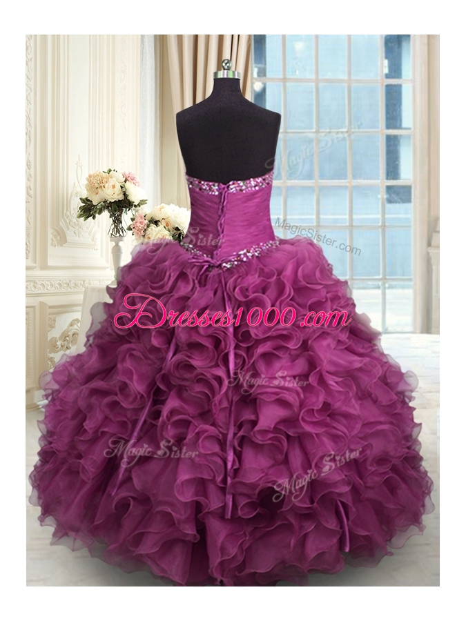 Organza Sweetheart Sleeveless Lace Up Beading and Ruffles 15 Quinceanera Dress in Rose Pink