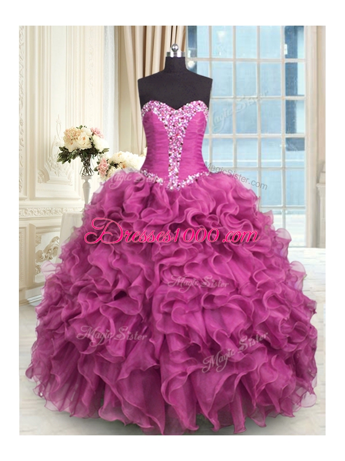 Organza Sweetheart Sleeveless Lace Up Beading and Ruffles 15 Quinceanera Dress in Rose Pink
