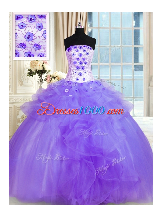 Popular Lavender Ball Gowns Strapless Sleeveless Tulle Floor Length Lace Up Pick Ups and Hand Made Flower Quince Ball Gowns