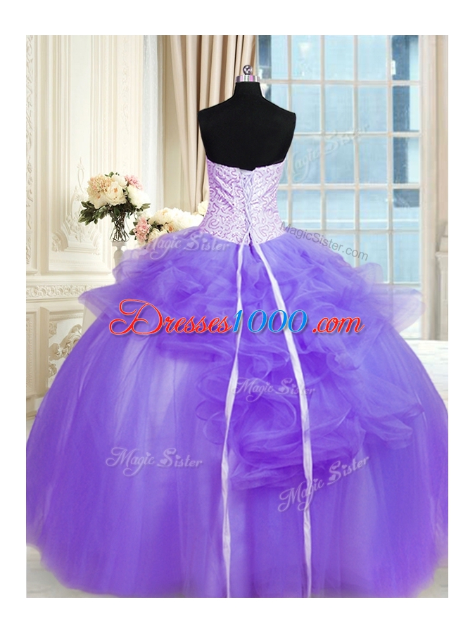 Popular Lavender Ball Gowns Strapless Sleeveless Tulle Floor Length Lace Up Pick Ups and Hand Made Flower Quince Ball Gowns