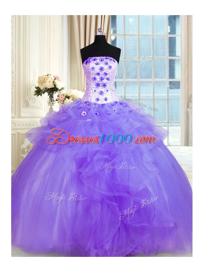 Popular Lavender Ball Gowns Strapless Sleeveless Tulle Floor Length Lace Up Pick Ups and Hand Made Flower Quince Ball Gowns