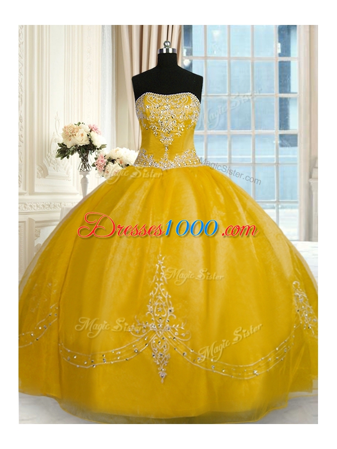 Sleeveless Beading and Embroidery Lace Up Quince Ball Gowns