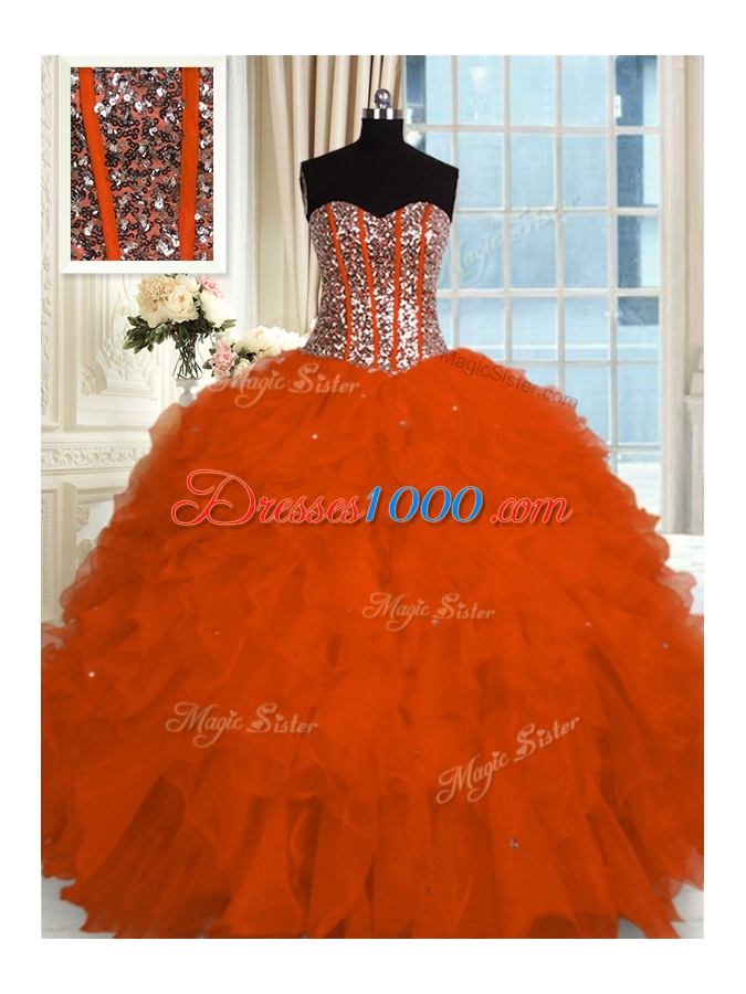 Sleeveless Floor Length Beading and Ruffles Lace Up Quinceanera Dress with Red