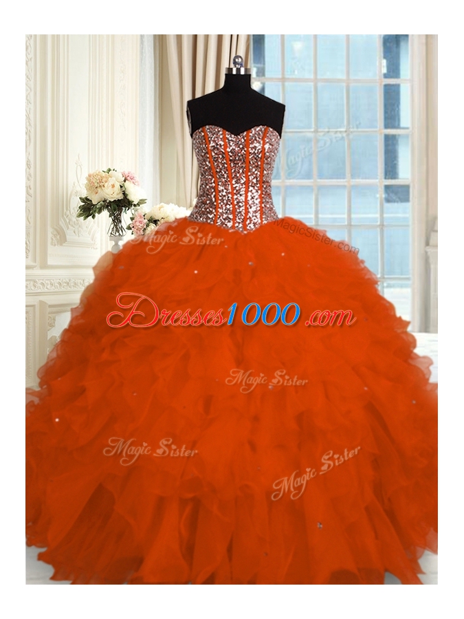 Sleeveless Floor Length Beading and Ruffles Lace Up Quinceanera Dress with Red