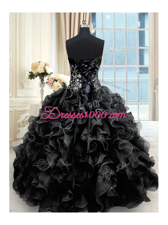 Stunning Black Lace Up Sweetheart Beading and Ruffles Ball Gown Prom Dress Organza Sleeveless