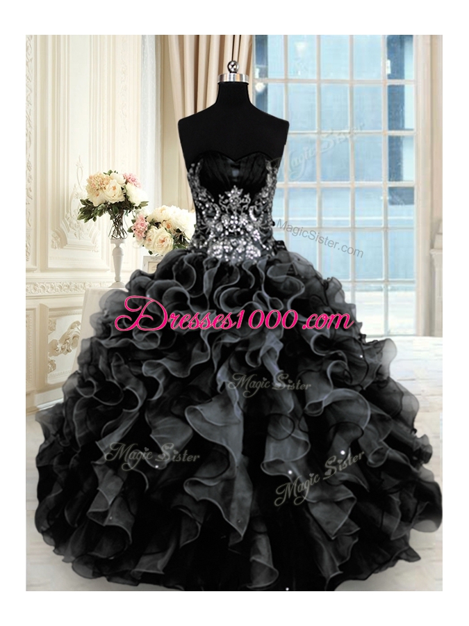 Stunning Black Lace Up Sweetheart Beading and Ruffles Ball Gown Prom Dress Organza Sleeveless