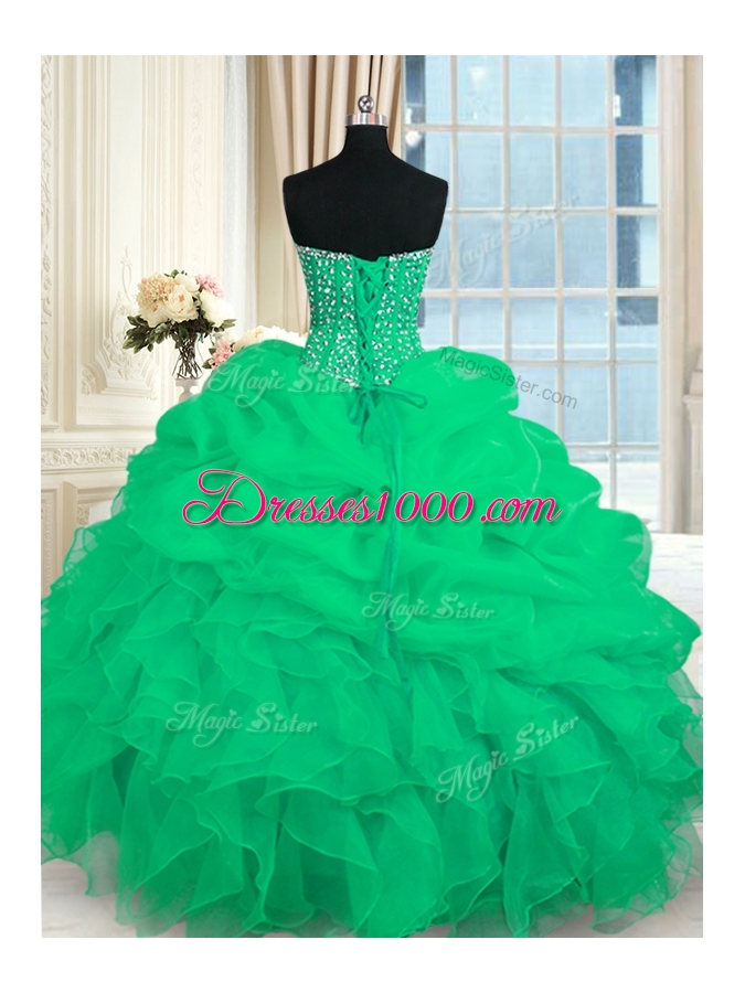 Suitable Organza Sweetheart Sleeveless Lace Up Beading and Ruffles Vestidos de Quinceanera in Turquoise