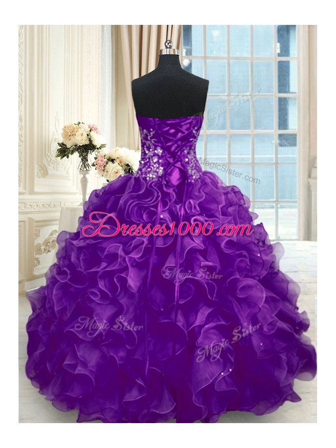 Sweetheart Sleeveless Organza Sweet 16 Dress Beading and Appliques and Ruffles Lace Up