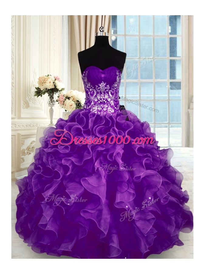 Sweetheart Sleeveless Organza Sweet 16 Dress Beading and Appliques and Ruffles Lace Up