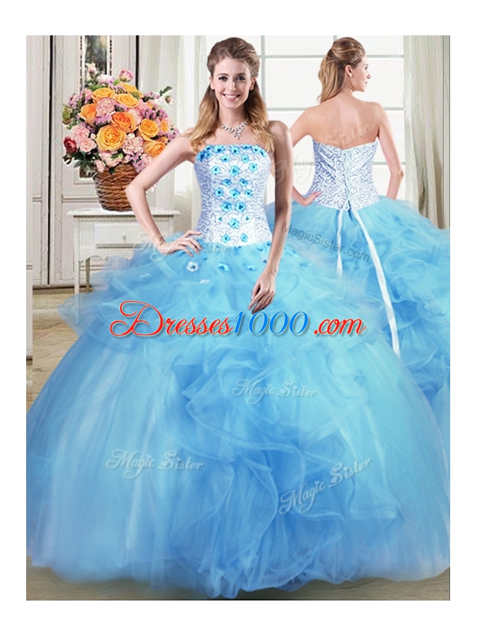 Three Piece Light Blue Sleeveless Beading and Appliques and Ruffles Floor Length Vestidos de Quinceanera