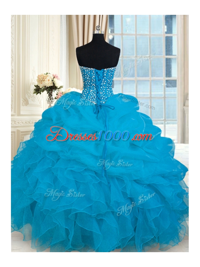 Unique Baby Blue Ball Gowns Organza Sweetheart Sleeveless Beading and Ruffles Floor Length Lace Up Quinceanera Gowns
