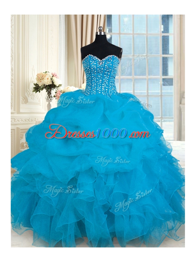 Unique Baby Blue Ball Gowns Organza Sweetheart Sleeveless Beading and Ruffles Floor Length Lace Up Quinceanera Gowns