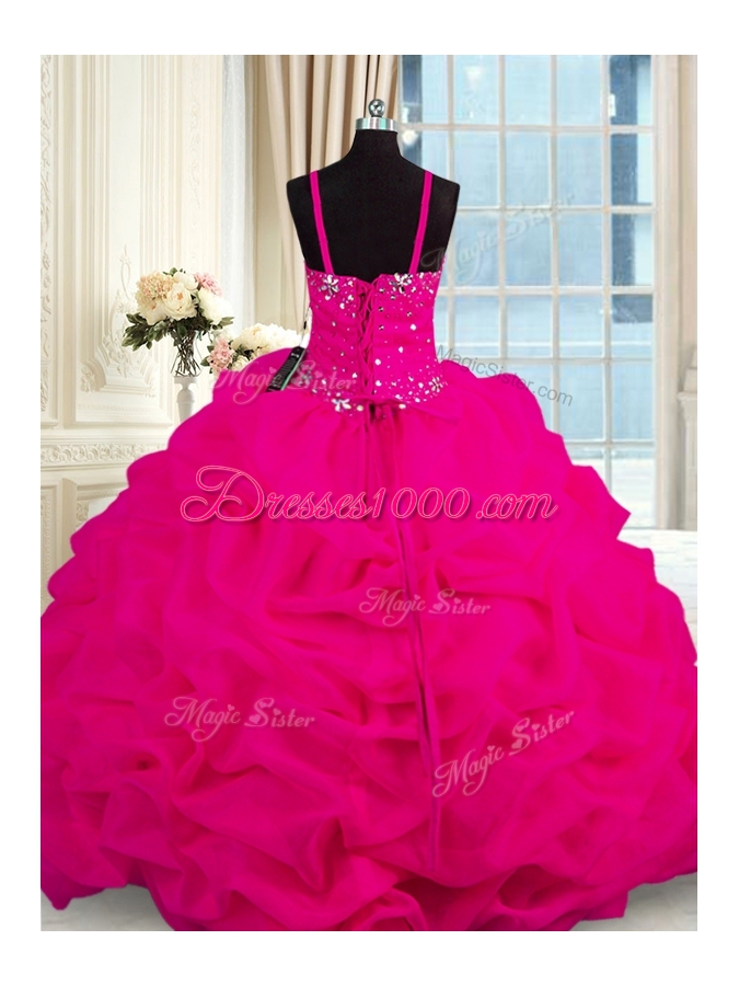 With Train Fuchsia Vestidos de Quinceanera Spaghetti Straps Sleeveless Brush Train Lace Up